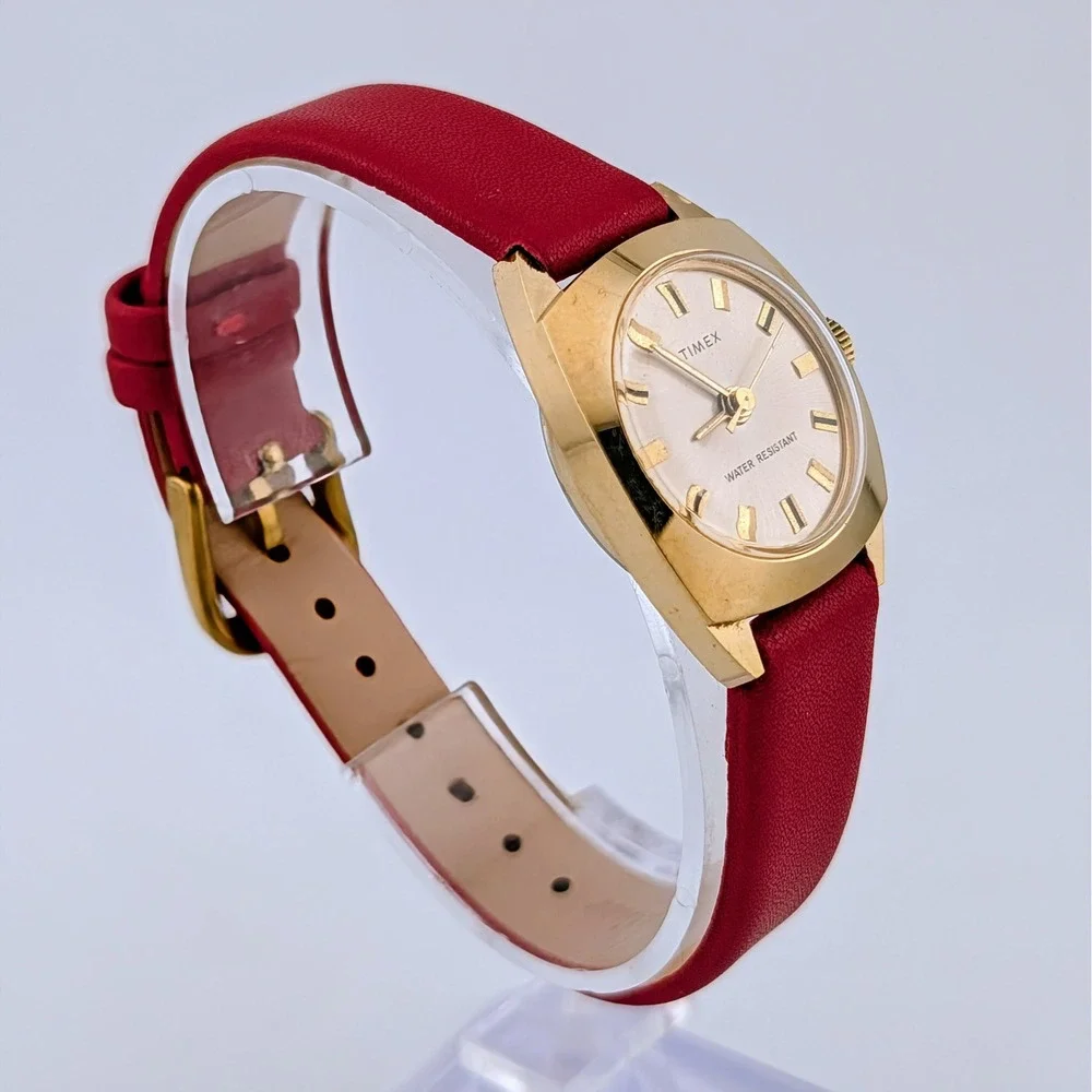 Vintage Timex Manual Wind Women's Gold Tone Cushion Case Watch Red Strap 24mm